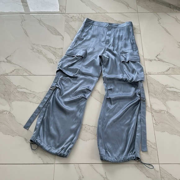 NWOT Zara blue satin-like flowy high waisted cargo pants w/ drawstring hem Sz M - Picture 9 of 15